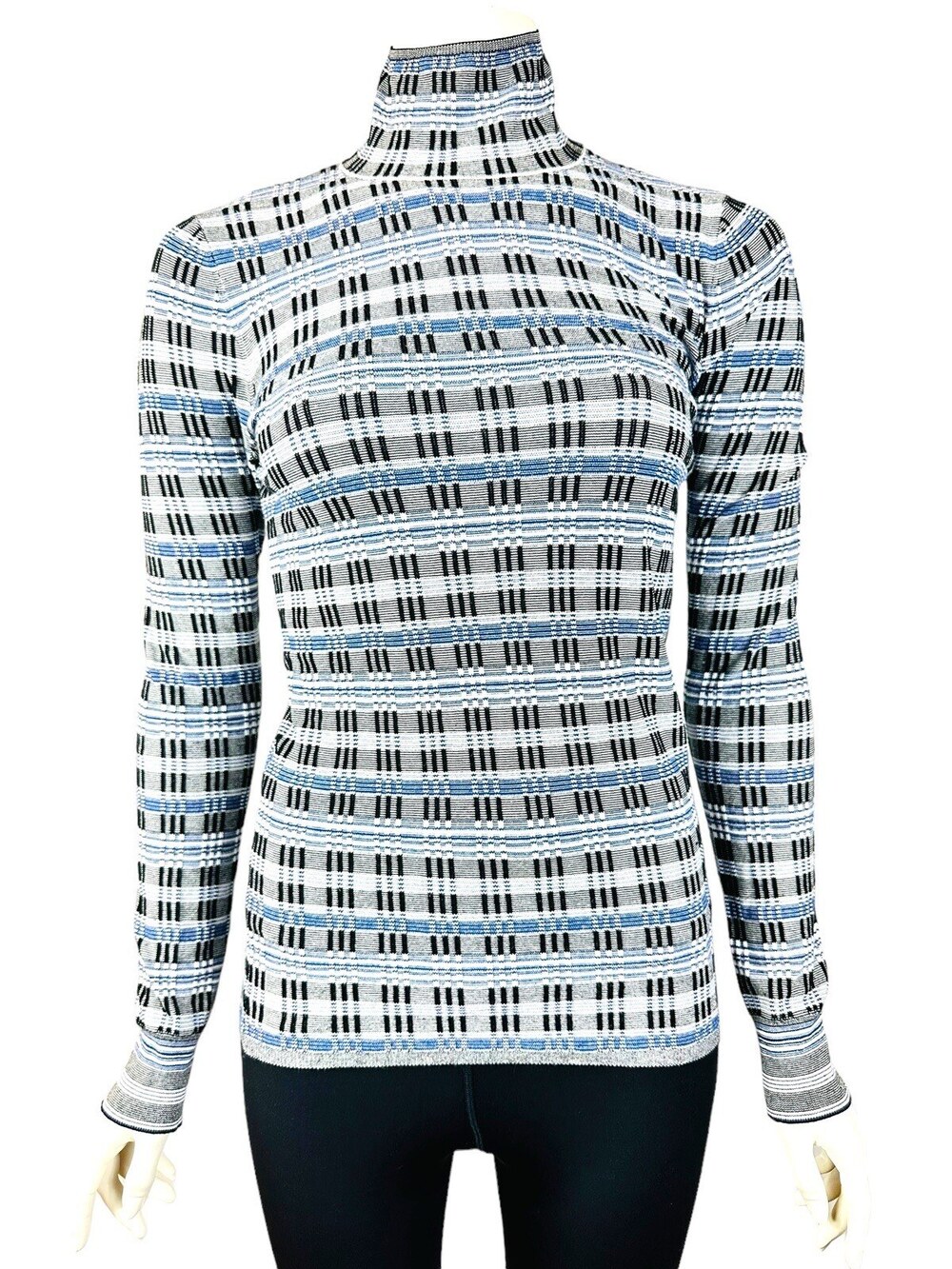 Theory Turtleneck Sweater Women's Small Plaid Black Eggshell Blue Knit $325